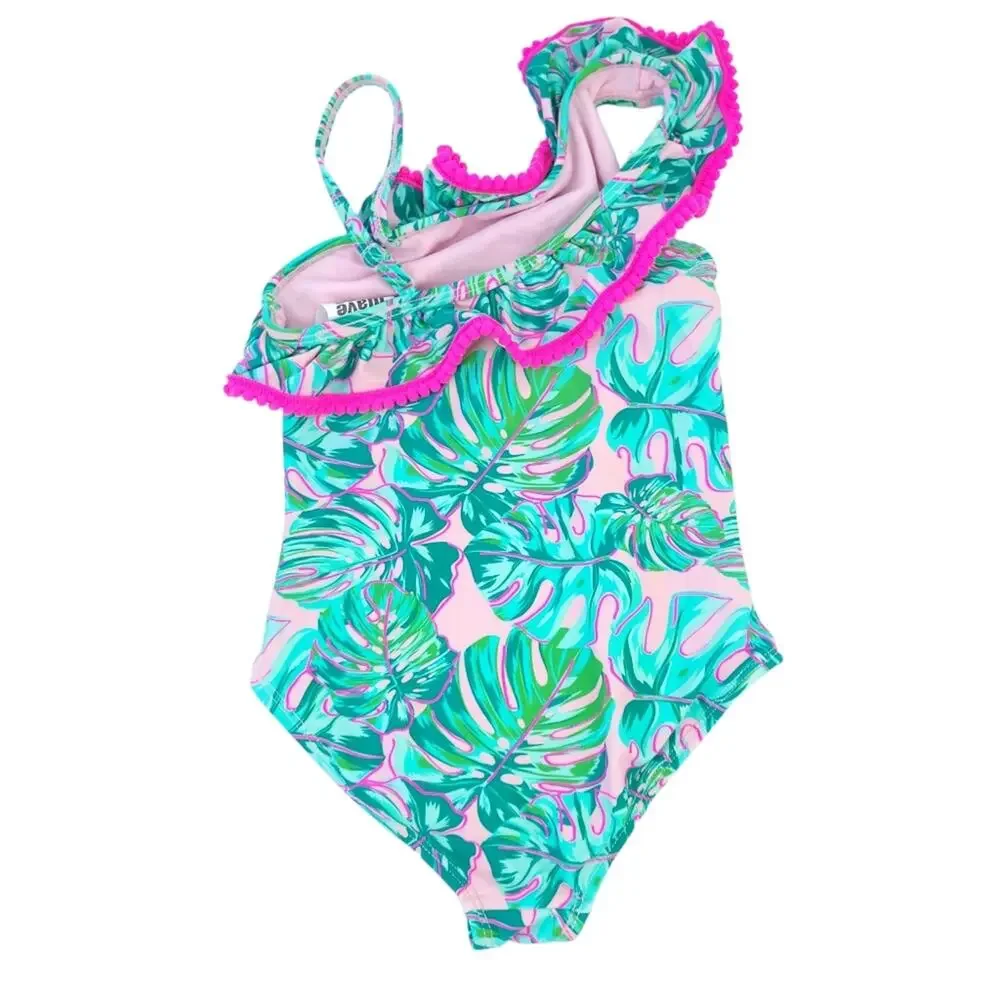 Wave Zone Kids One Piece Swimsuit XS 4/5 Tropical Floral Green Pink Preppy